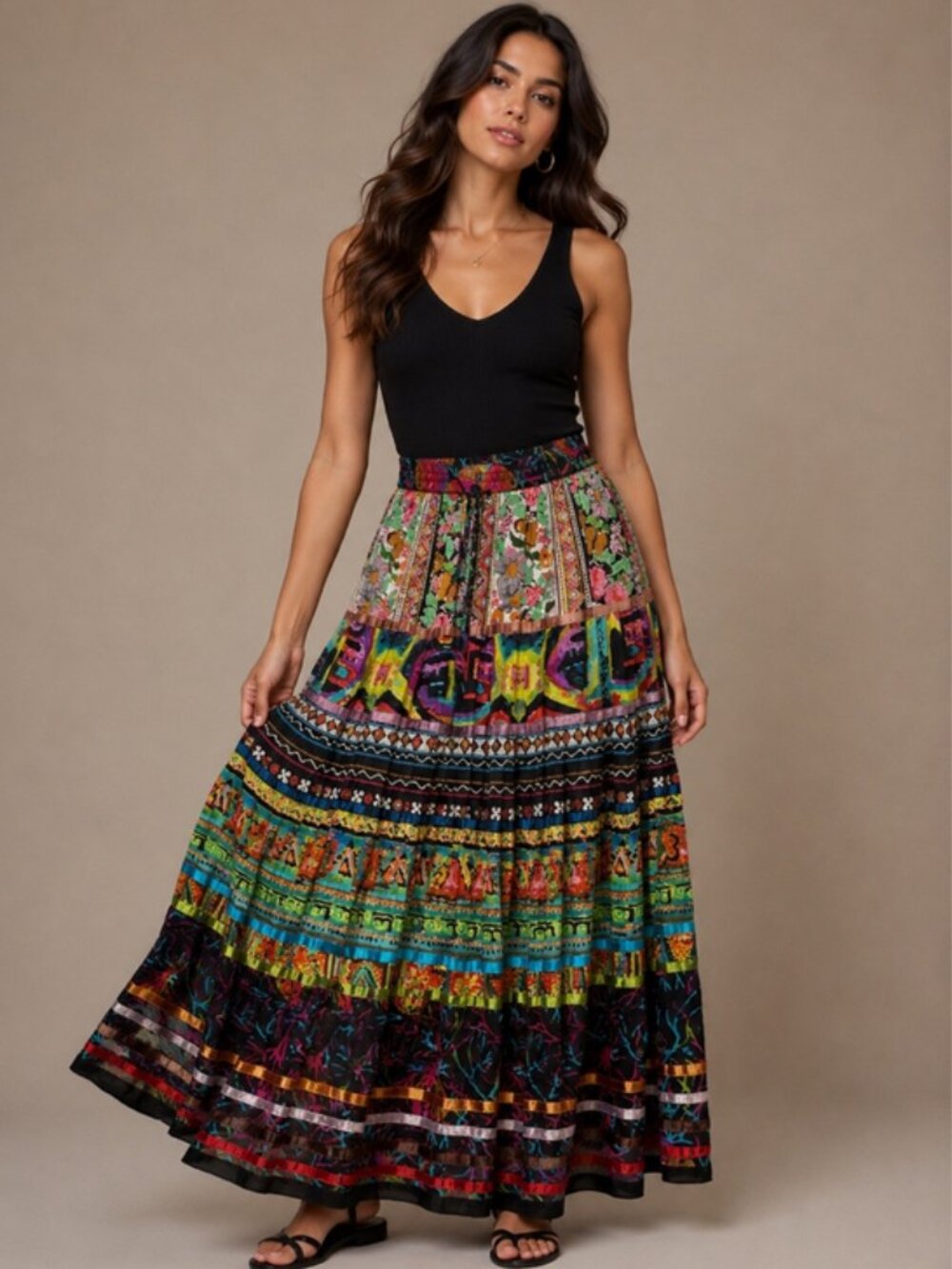 TRAVEL SMITH Maxi Swing Skirt Multi-Color  Boho M